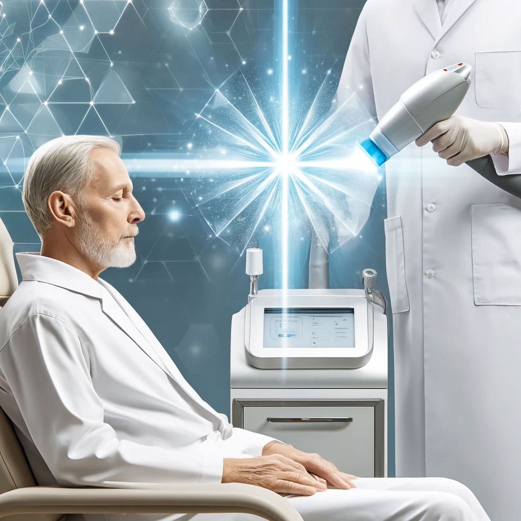 Clinician applying IPL device to a patient's skin, showing the light pulses