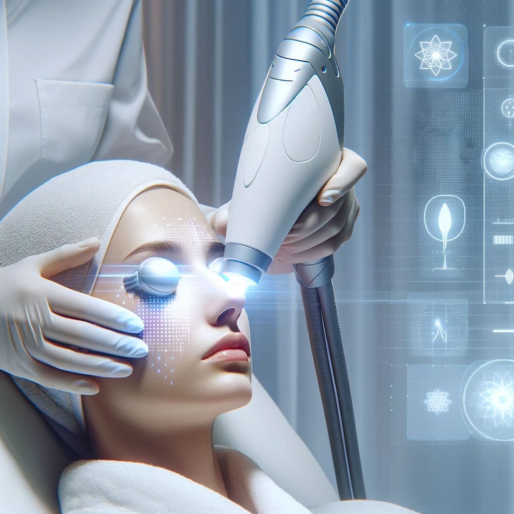Clinician applying IPL device to a patient's skin, showing the light pulses
