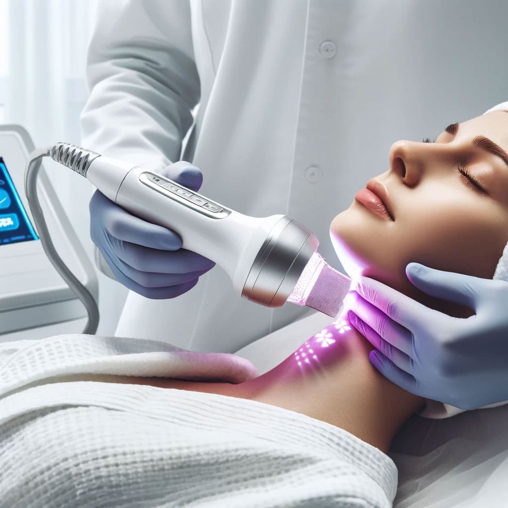 Clinician applying IPL device to a patient's skin, showing the light pulses.