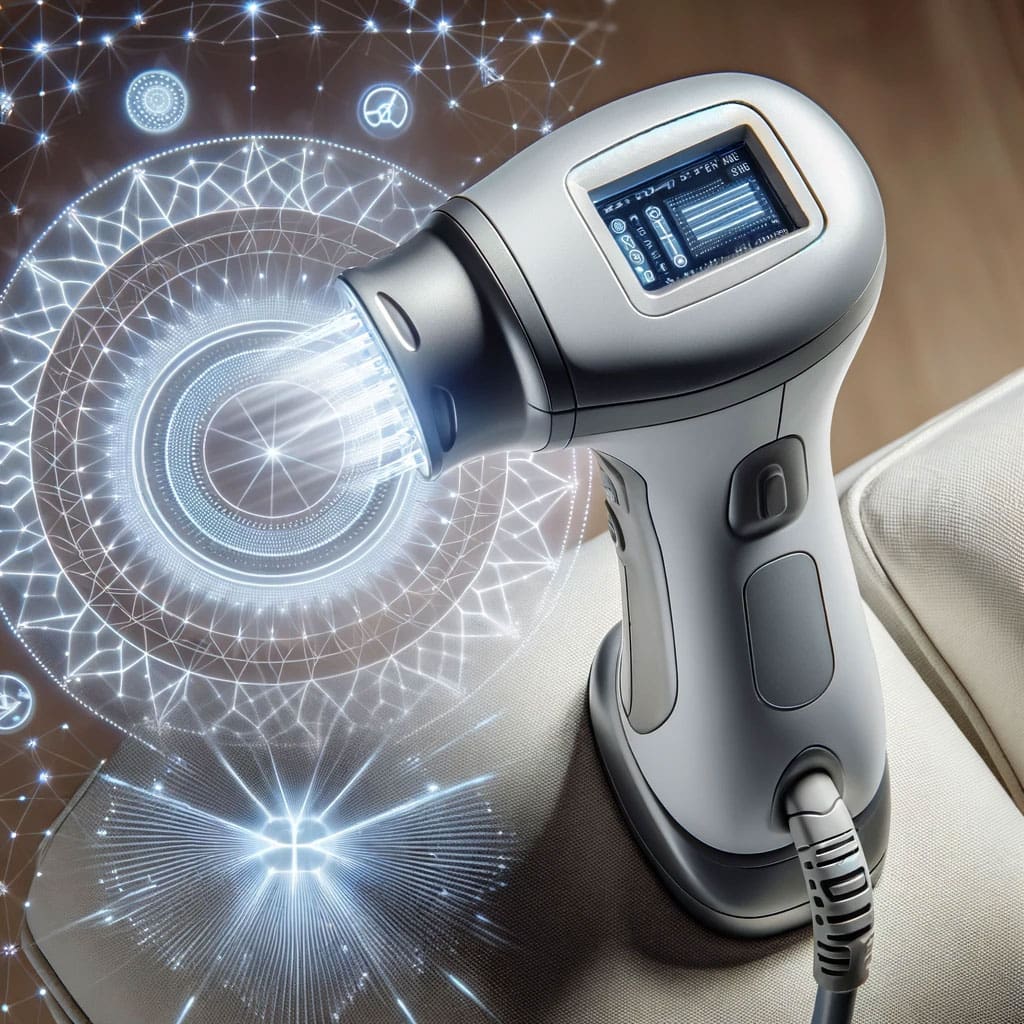 Close-up of an IPL device being used on the skin in a comfortable home setting