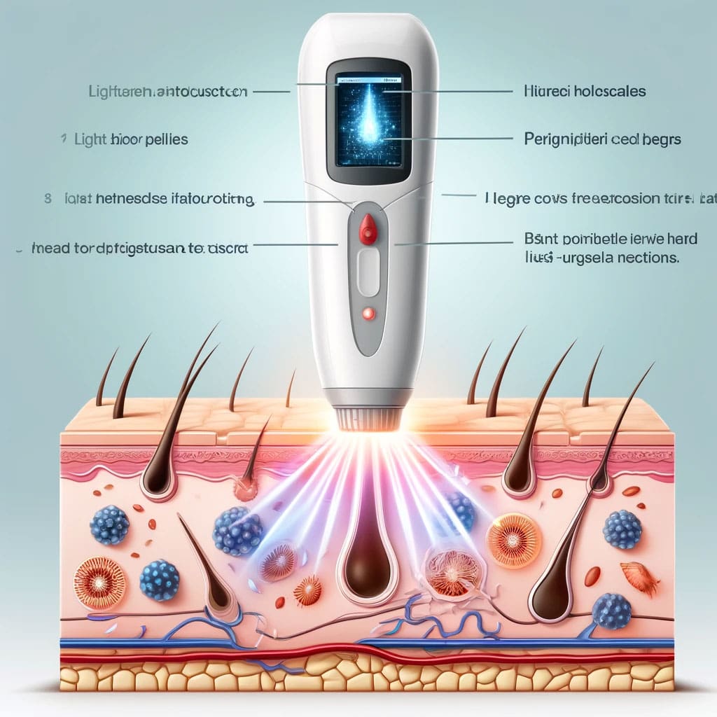 Illustration of IPL device emitting light pulses targeting skin imperfections.