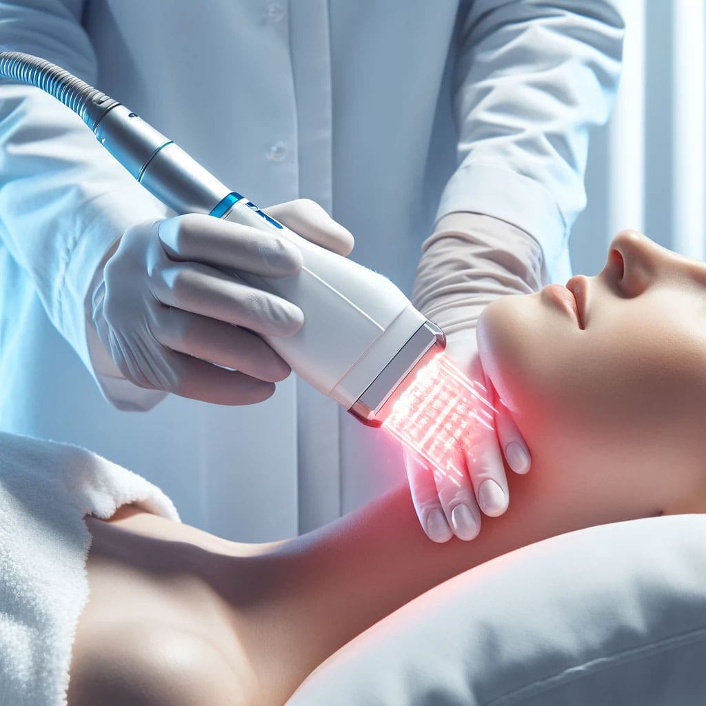 linician applying IPL device to a patient's skin, showing the light pulses.