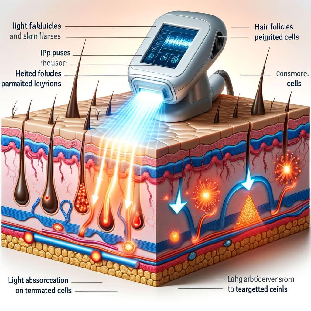 Illustration of IPL device emitting light pulses targeting skin imperfections.