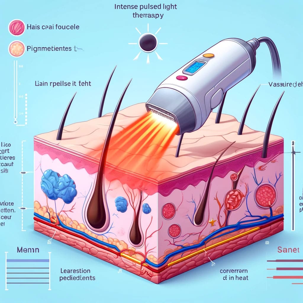 Illustration of the IPL mechanism, showing light absorption and conversion to heat in targeted cells