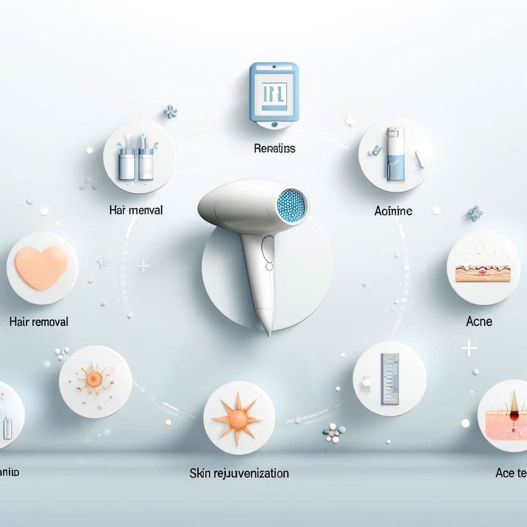 Illustration of various benefits of IPL therapy, including hair removal, skin rejuvenation, acne treatment, and reduction of age spots