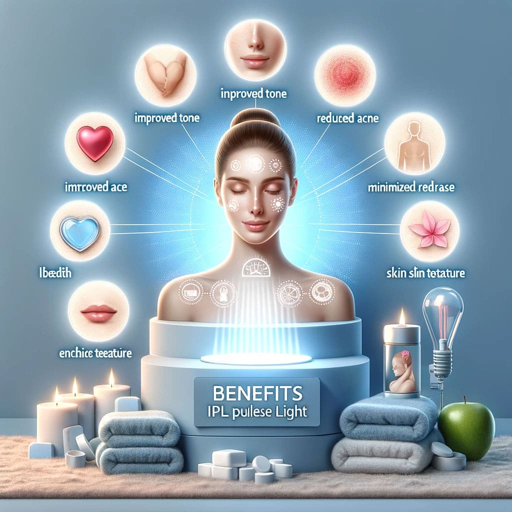Illustration of various benefits of IPL therapy, including improved skin tone, reduced acne, minimized redness, and enhanced skin texture